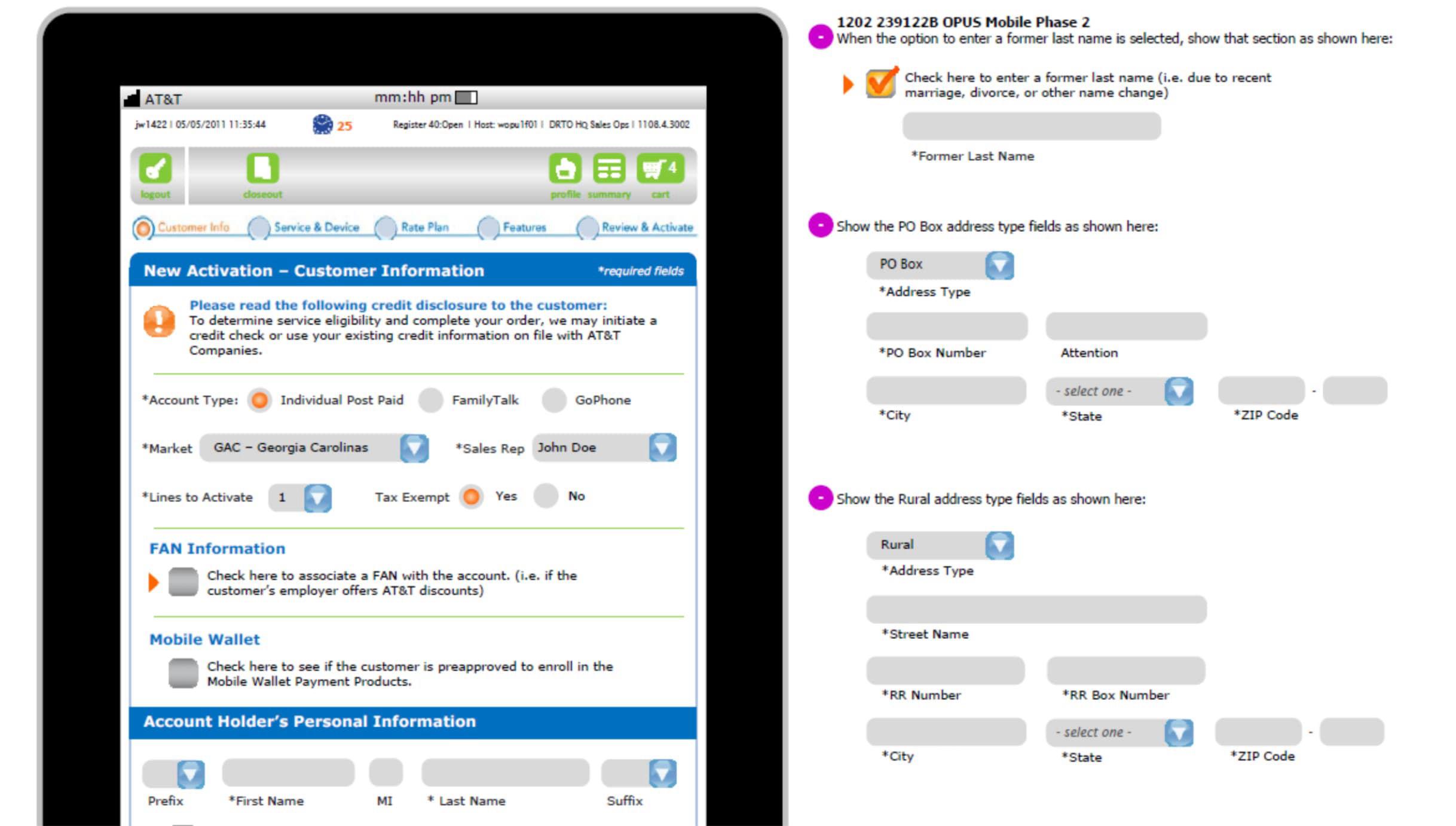 OPUS Mobile - detailed interface screens and design annotations